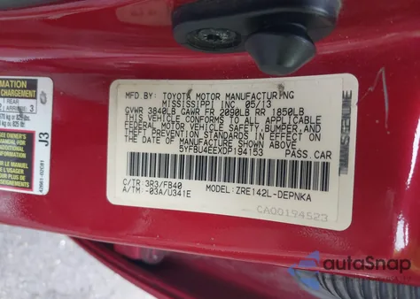 2013 Toyota Corolla L/Le/Le Special Edition/S/S Special Edition z USA, uszkodzony, nr VIN 5YFBU4EEXDP194153